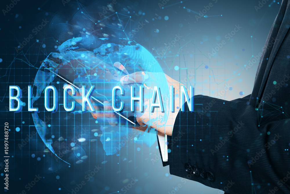 Aufkleber Hands holding tablet with blockchain text over holographic world map. Digital network concept of blockchain technology.