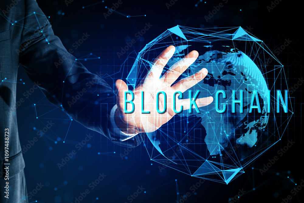 Poster Business person interacting with blockchain technology hologram over a digital global network background.