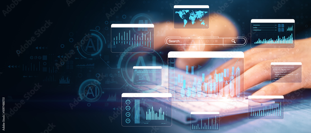 Poster Hands typing on a keyboard with financial graphs, charts, and global data interface on a digital futuristic background. .