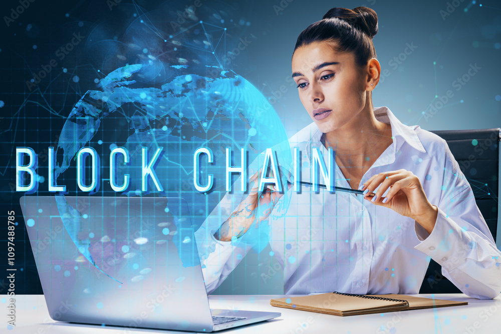 Aufkleber Woman working on blockchain technology, analyzing data on laptop with holographic globe and blockchain text in the background.