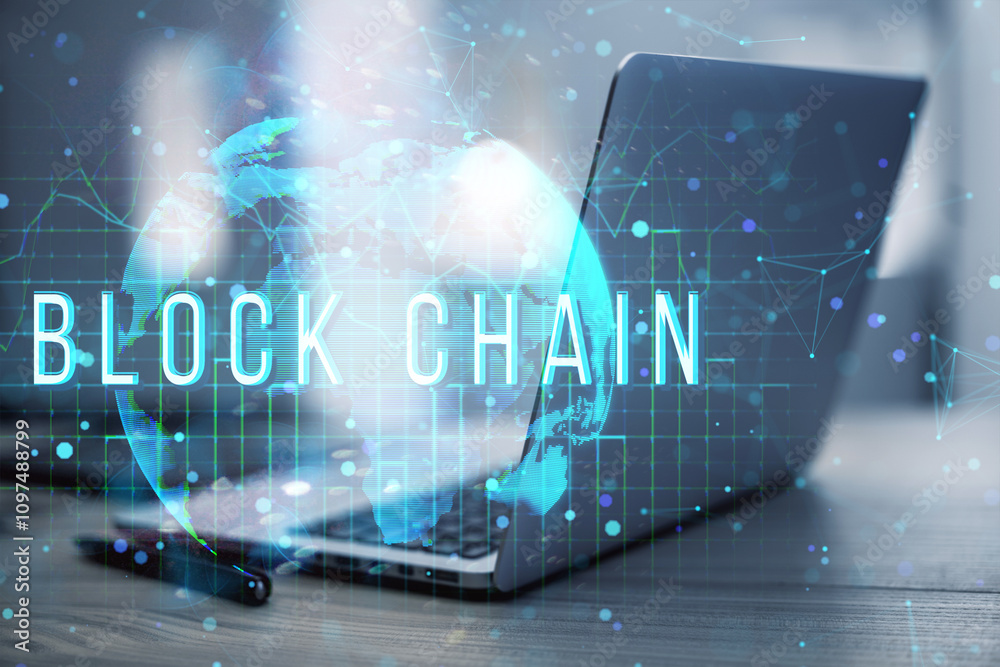 Poster Blockchain text overlaid on a digital globe with laptop in the background, representing global blockchain technology concept.