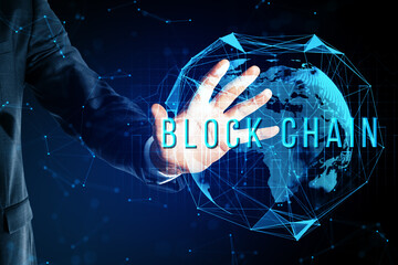 Business person interacting with blockchain technology hologram over a digital global network background.