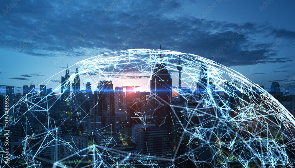Poster futuristic digital global network concept overlaying a city skyline showcasing interconnected nodes 