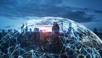 Futuristic digital global network concept overlaying a city skyline showcasing interconnected nodes under a cloudy sky at sunset.
