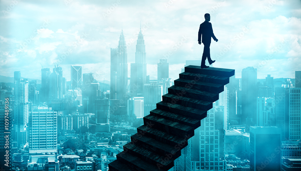 Poster man walking up a staircase against a cityscape background, symbolizing progress and career growth.