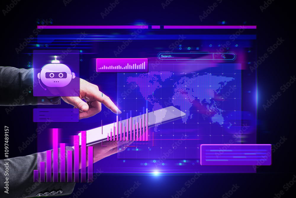 Aufkleber Futuristic interface with financial charts and digital AI concept on a virtual screen.