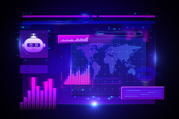 Futuristic digital interface featuring robot icon, charts, and world map in neon colors on dark blue background.