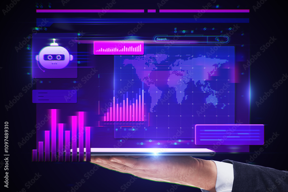 Poster Digital financial dashboard with virtual charts and graphs on a tablet held by a hand, glowing interface in blue and purple tones.