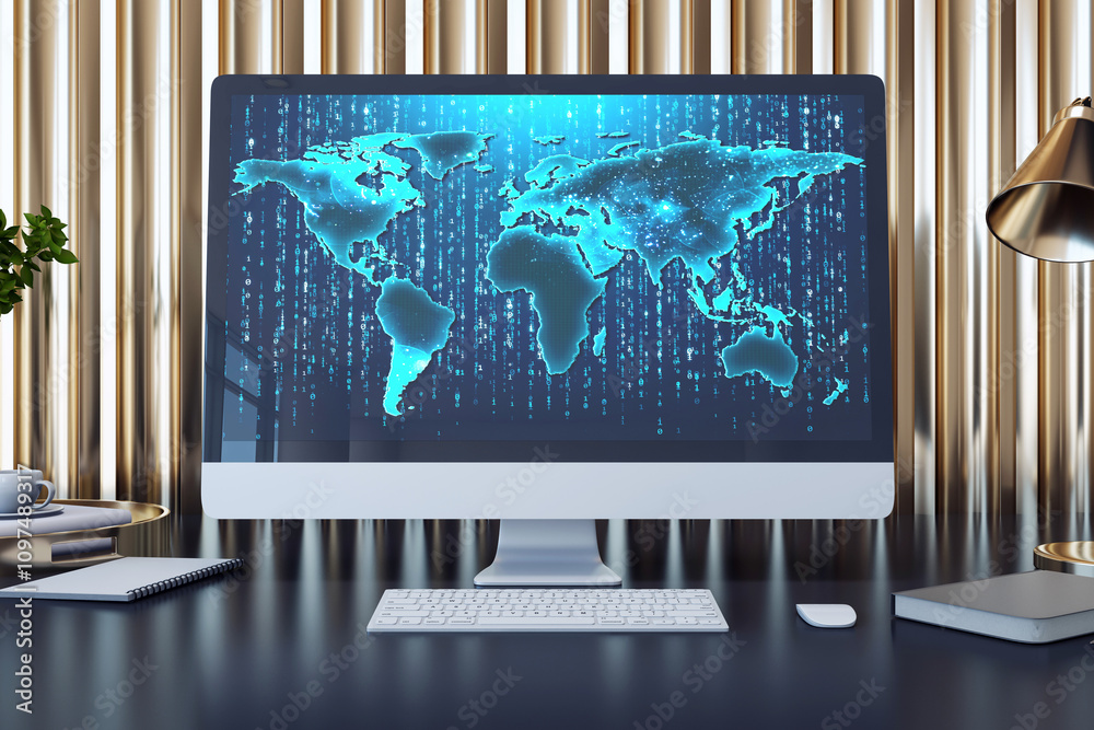 Poster Digital world map displayed on desktop computer screen, futuristic technology background in modern office setup. 3D Rendering