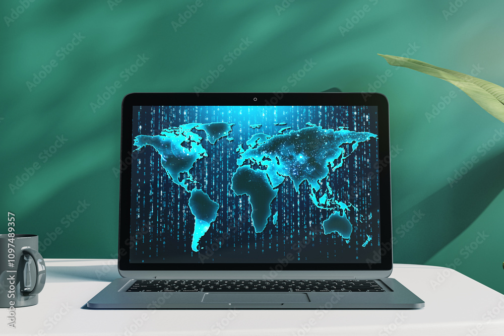 Poster Laptop showing digital world map hologram on desk against green background. 3D Rendering