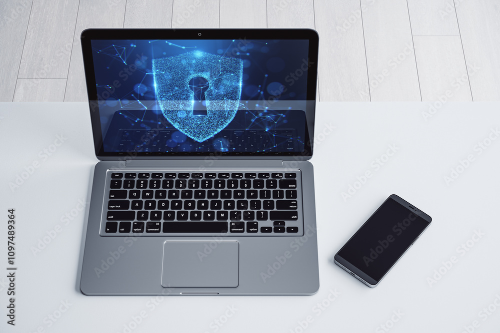 Aufkleber Laptop with a shield lock icon on the screen placed on a white desk next to a smartphone. Symbol of cybersecurity and data protection. 3D Rendering
