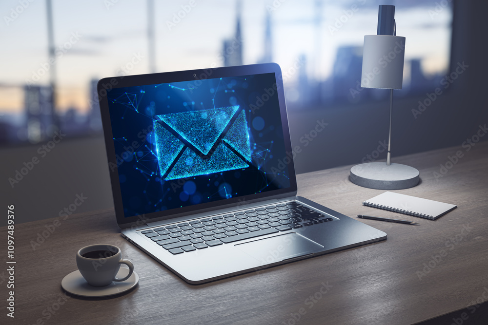 Aufkleber laptop with glowing email icon on screen on wooden desk with coffee cup, notebook, pen, and lamp in 