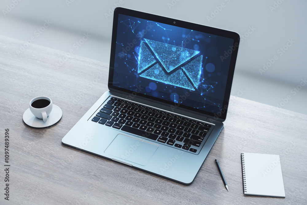 Aufkleber Laptop displaying a glowing blue email icon on a desk with a coffee cup and notebook. 3D Rendering