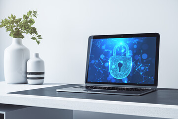 Laptop on desk displaying blue digital padlock icon, symbolizing cybersecurity, with white vases and greenery on modern office desk. 3D Rendering