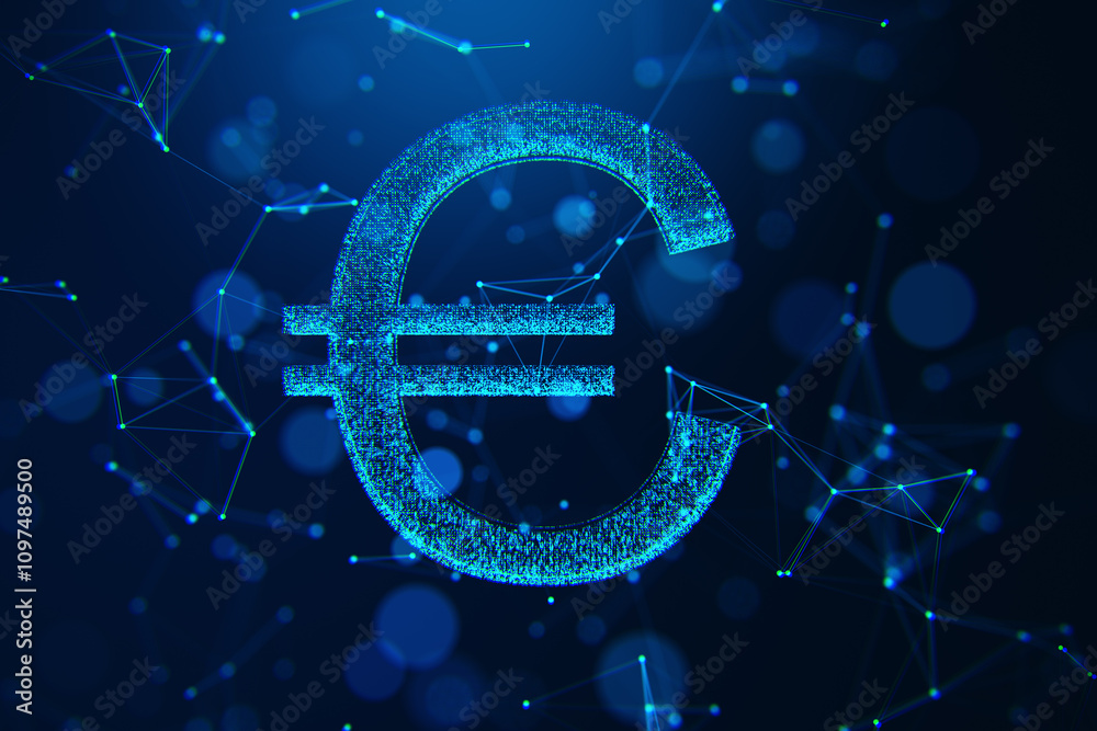 Poster digital euro symbol composed of glowing blue dots and wireframe connections on a dark network-inspir