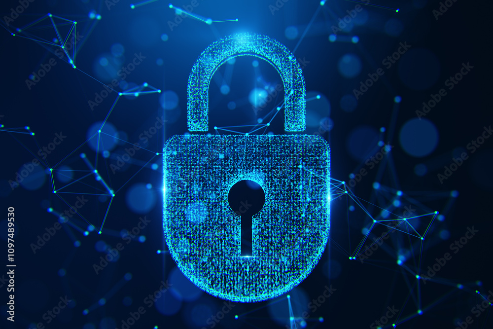 Poster Digital glowing padlock icon surrounded by polygonal network connections on a dark blue backdrop. Modern cybersecurity concept. 3D Rendering