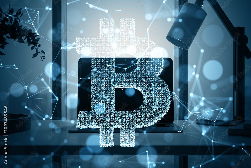 Poster Abstract Bitcoin digital symbol overlaying a desk setup in a tech-inspired environment.
