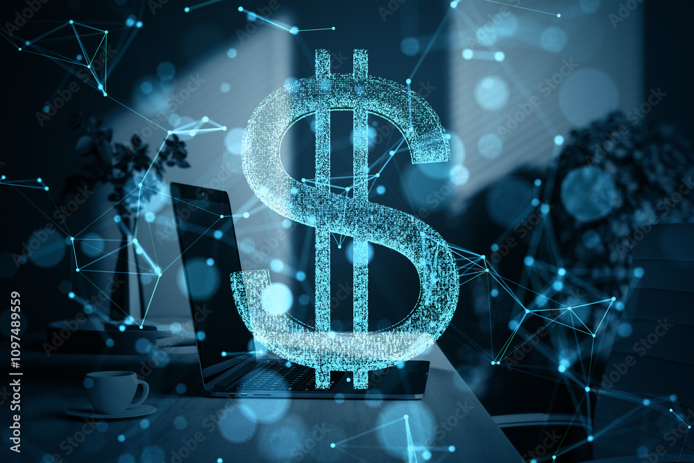 Poster digital dollar sign hologram with technology nodes over an office background, symbolizing finance an