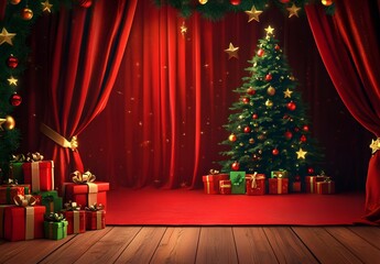 Christmas-red curtain stage with a Christmas tree and gifts backdrop, a theater background for a photo studio.