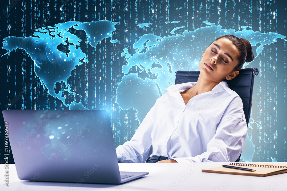 Poster businesswoman sleeping at desk with laptop and digital map background representing global network an