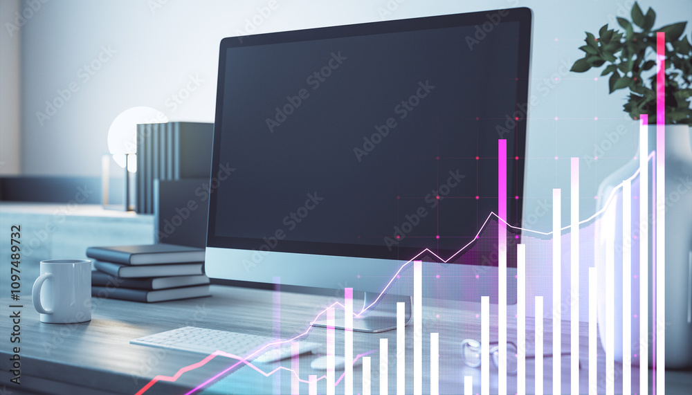 Poster Modern desk workspace with computer screen and overlay of financial growth chart in vibrant colors.