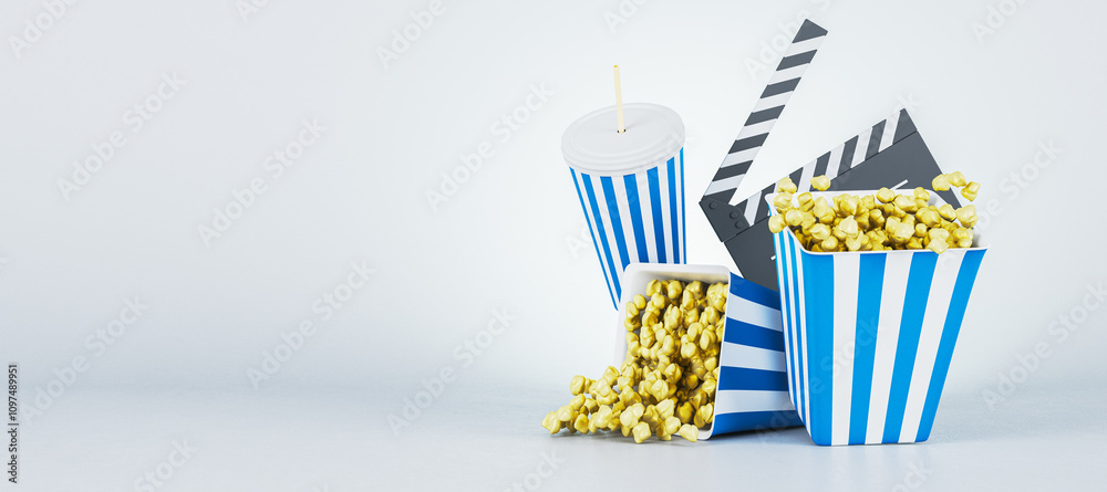 Poster popcorn buckets, soda cup, and clapperboard on light background. cinema and movie time concept. 3d r