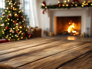 Rustic wooden table with blurred Christmas lights and a festive tree in the background, creating a warm and cozy holiday ambiance in a home setting.