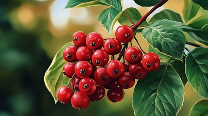 Obraz premium Painting of a Bunch of Red Berries and Green Leaves on a Soft Background Highlighting Natural Beauty and Artistic Elegance