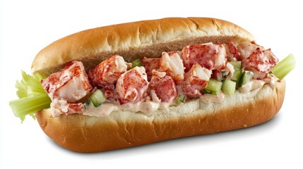 A perfectly assembled lobster roll with succulent chunks of lobster meat, mixed with mayonnaise, lemon juice