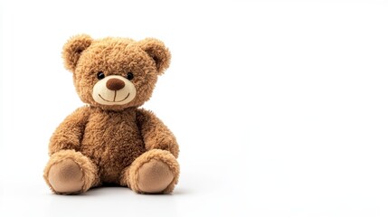 Obraz premium Cute Teddy Bear Sitting on Minimalist White Background for Warm and Adorable Design Concept