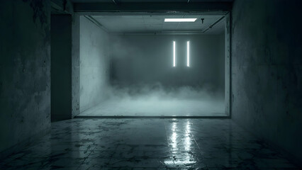 A dimly lit, abandoned room with grungy concrete walls and floor. Fog hangs low, illuminated by two bright vertical neon lights. The overall ambiance is eerie and mysterious.