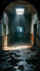 Fototapeta premium Sunbeams pierce a decaying hallways skylight, illuminating dust and debris on the cracked floor. Peeling walls and broken doors frame the scene of neglect.
