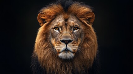 Fototapeta premium Majestic Lion Portrait Highlighting Golden Mane and Intense Gaze in Dramatic Natural Lighting Symbolizing Strength and Leadership