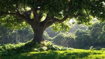 Obraz premium Powerful Tree Standing Tall in Sunlit Forest With Golden Light Filtering Through Lush Green Foliage