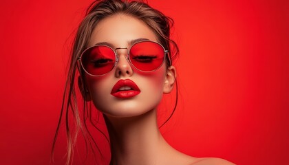 Stylish Woman in Red Sunglasses with Red Lips Posing on Pink Background