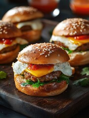 Wooden cutting board with burgers