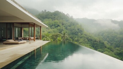 A chic holiday villa with a cascading pool design, glass walls, and a backdrop of lush green mountains