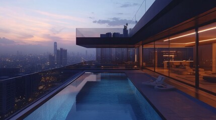 Obraz premium A modern villa with a rooftop pool, surrounded by glass railings and offering stunning cityscape views at dusk