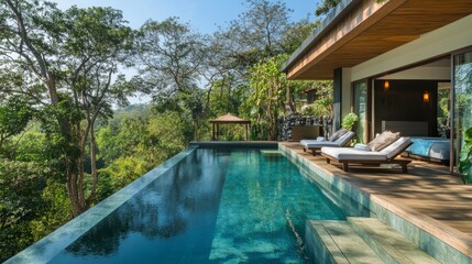 Fototapeta premium A serene villa with an infinity pool overlooking a tranquil forest, blending contemporary design with natural elements
