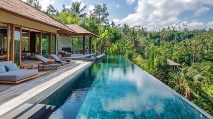 Fototapeta premium A serene villa with an infinity pool overlooking a tranquil forest, blending contemporary design with natural elements