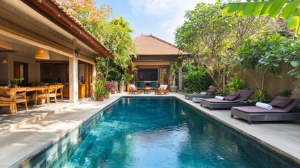 Fototapeta premium Family-friendly holiday villa with a pristine pool, cozy outdoor dining area, and vibrant greenery in a sunny setting