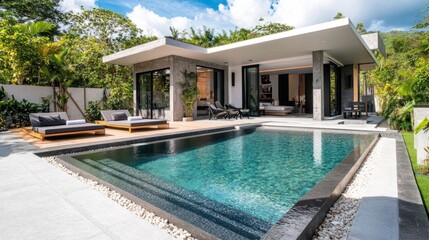 Fototapeta premium Modern holiday villa with a pool featuring built-in loungers, surrounded by a mix of concrete and natural wood elements