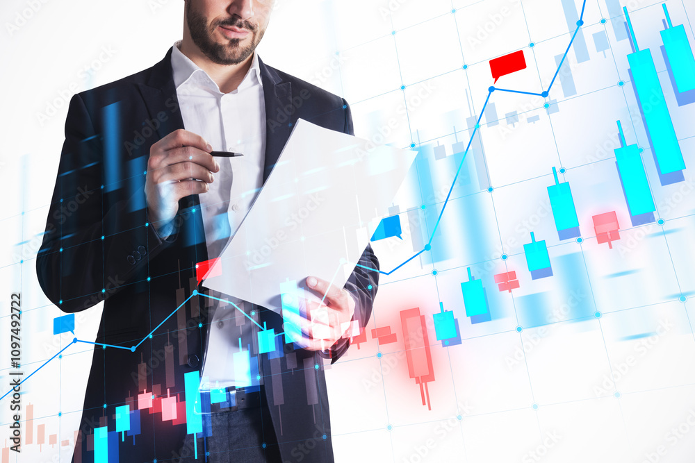 Aufkleber businessman analyzing financial data on white background with a holographic stock chart overlay.