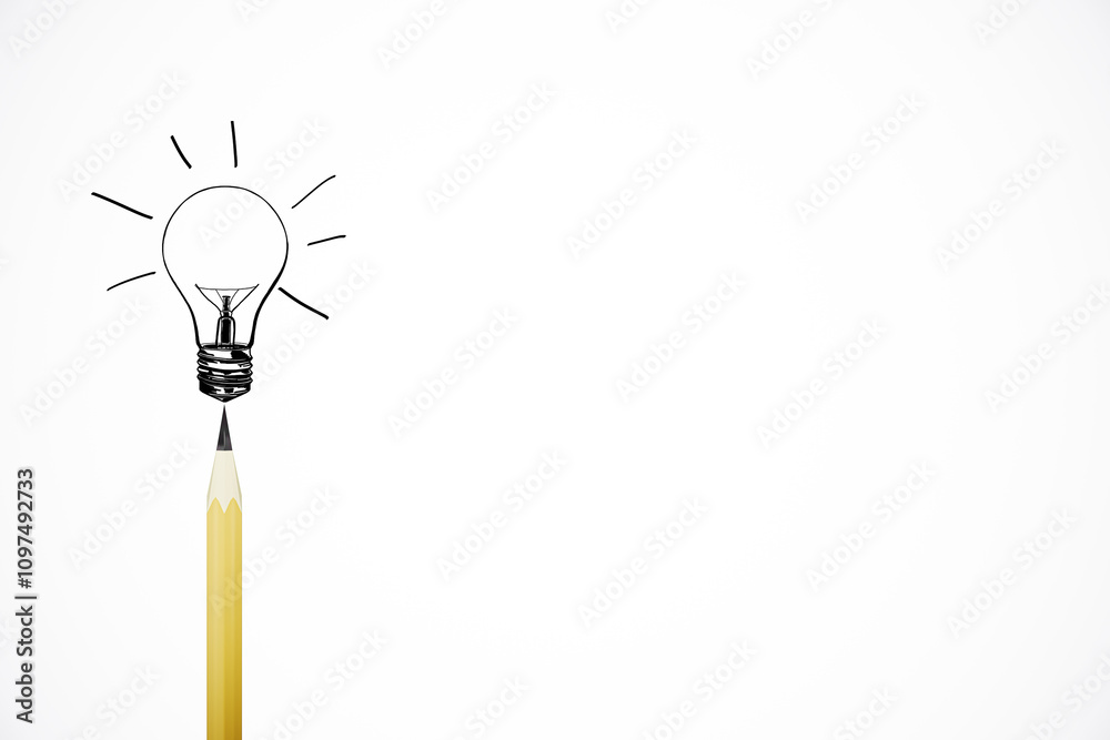 Poster Pencil with lightbulb sketch concept on white background, symbolizing creativity and innovation in design and business. 3D Rendering
