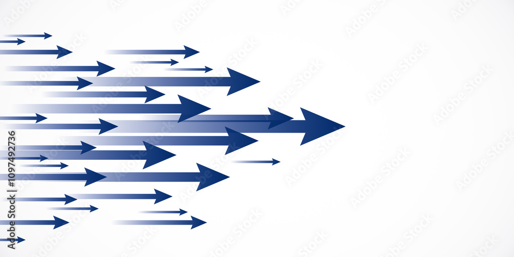 Poster Blue arrows moving dynamically on white gradient background, symbolizing progress, teamwork, and forward movement in design. 3D Rendering