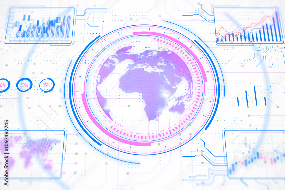 Aufkleber Digital Earth with Data Charts and Technological Interface on White Background. 3D Rendering