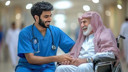 young male nurse in blue scrubs cares for elderly man in hospital