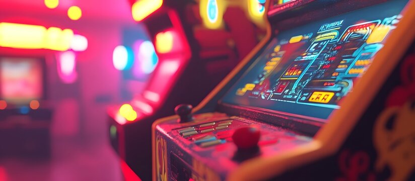 Close-up of an arcade game, in a vintage retro style, with buttons and joysticks. The background is blurred, focusing on the details of the gaming equipment. 