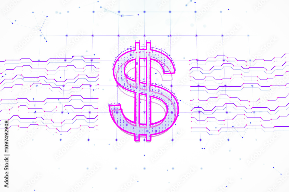 Aufkleber Digital dollar sign with binary code and circuit lines on a gradient background. 3D Rendering