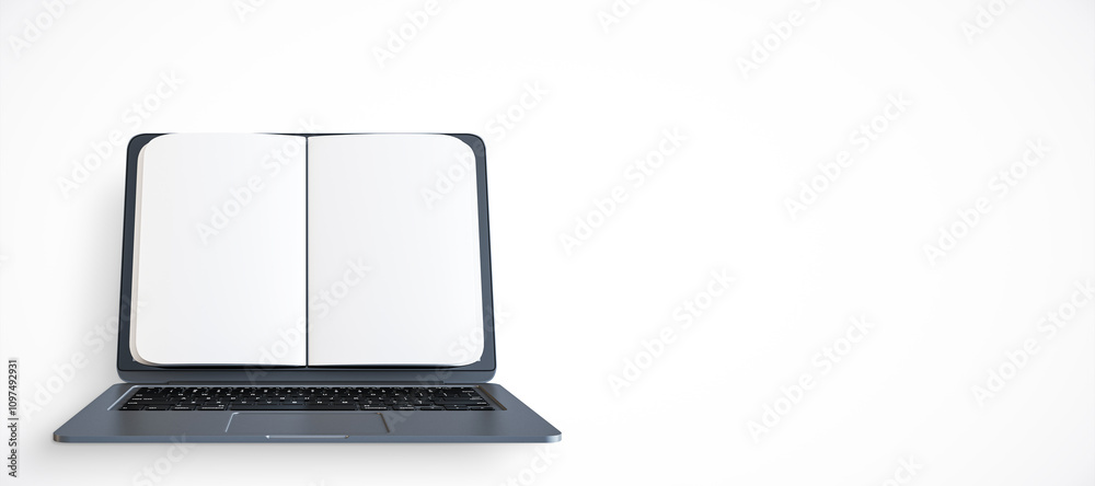 Poster open laptop with blank pages resembling a book on a white background. concept of digital learning, c